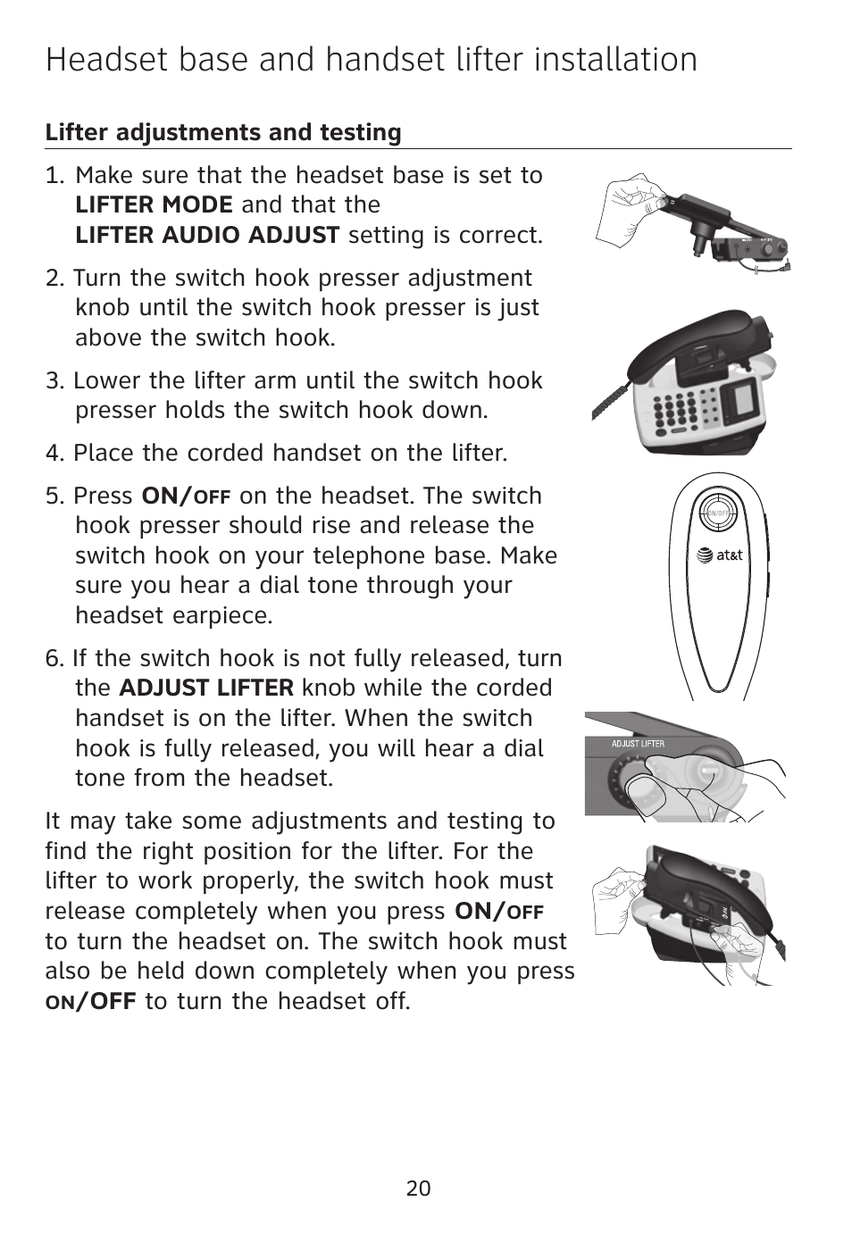Headset base and handset lifter installation | AT&T TL7612 User Manual | Page 22 / 30