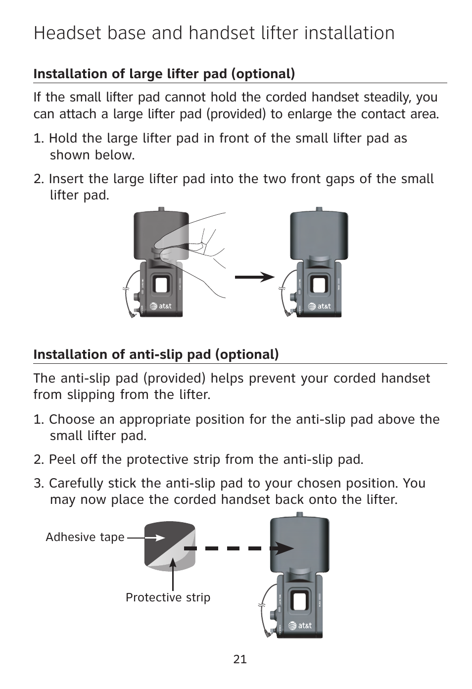Headset base and handset lifter installation | AT&T TL7612 User Manual | Page 23 / 30