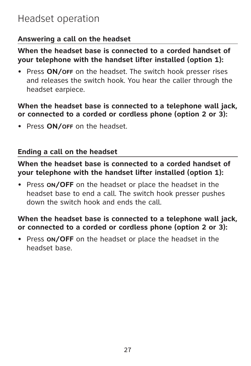 Headset operation | AT&T TL7612 User Manual | Page 29 / 30