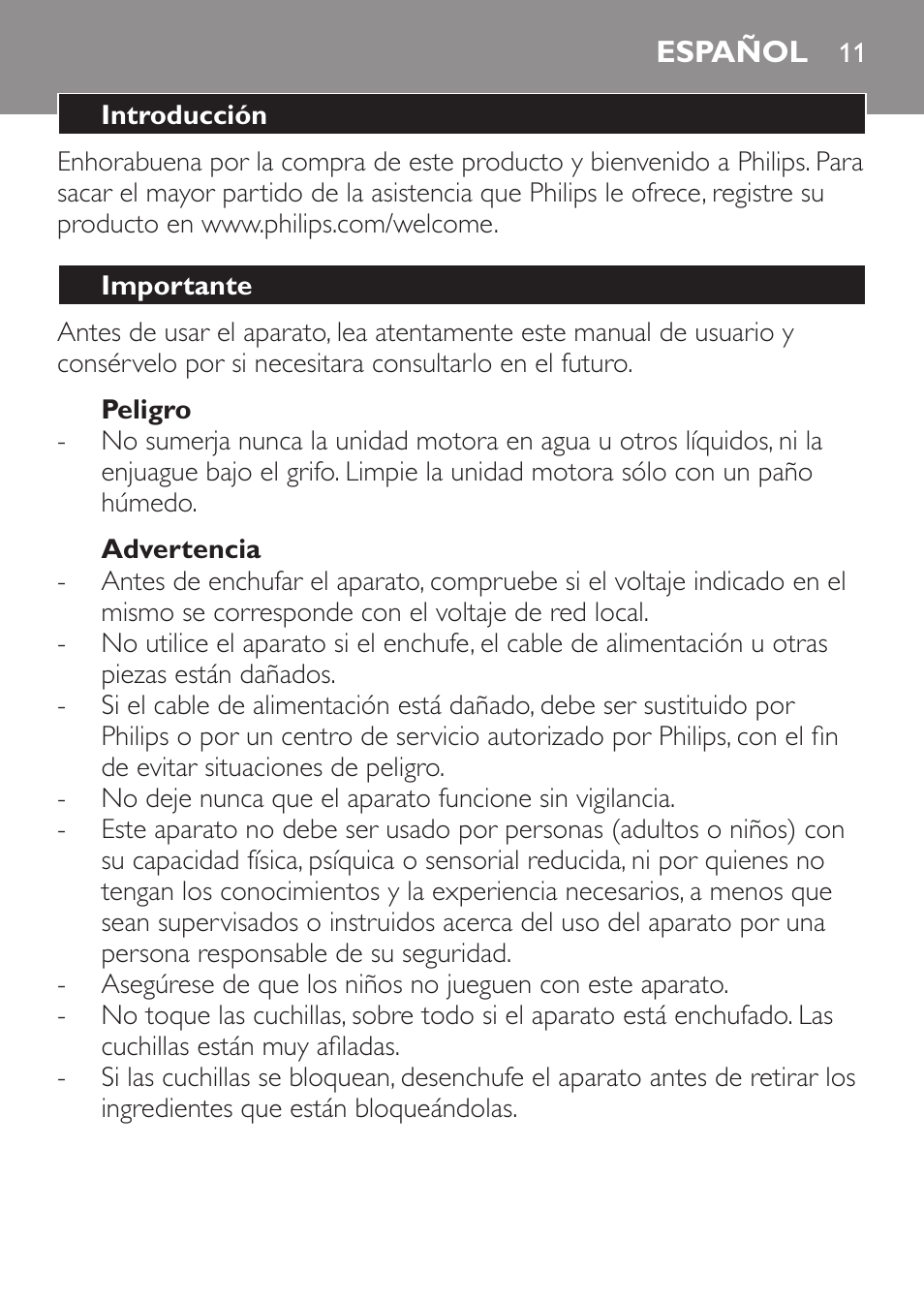 Peligro, Advertencia, Español | Introducción, Importante | Philips Daily Collection Mixeur plongeant User Manual | Page 11 / 66