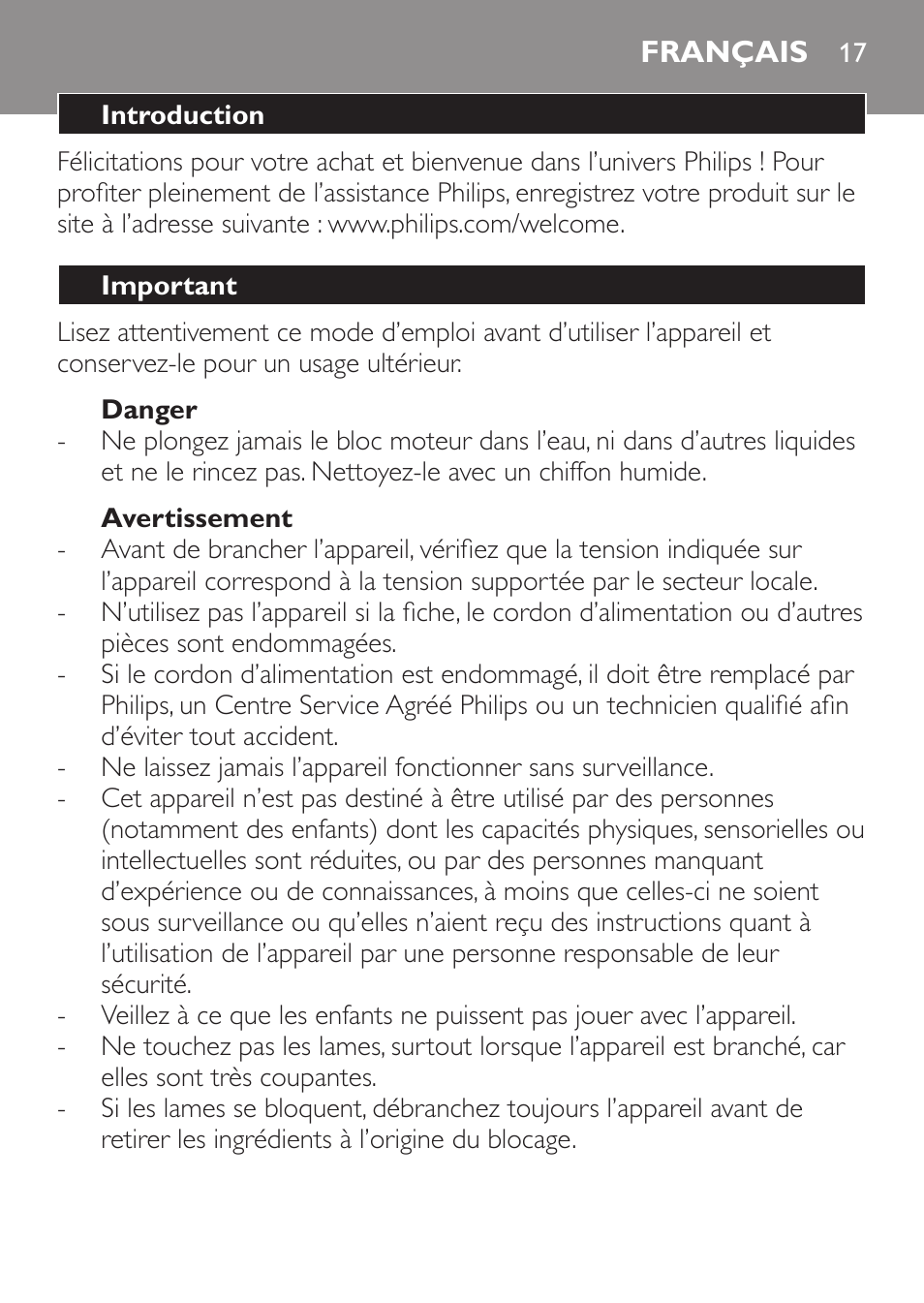 Danger, Avertissement, Français | Introduction, Important | Philips Daily Collection Mixeur plongeant User Manual | Page 17 / 66