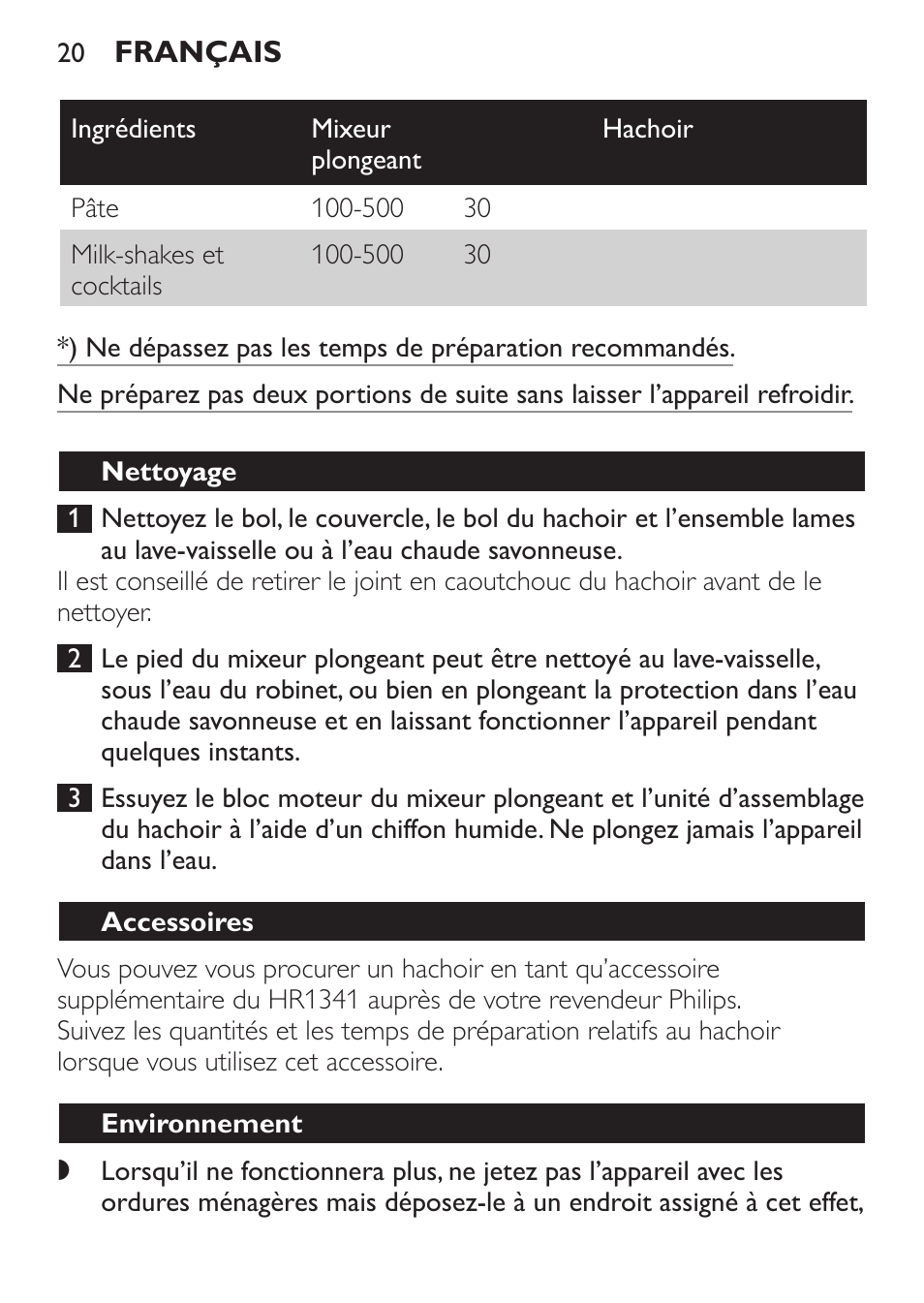Nettoyage, Accessoires, Environnement | Philips Daily Collection Mixeur plongeant User Manual | Page 20 / 66