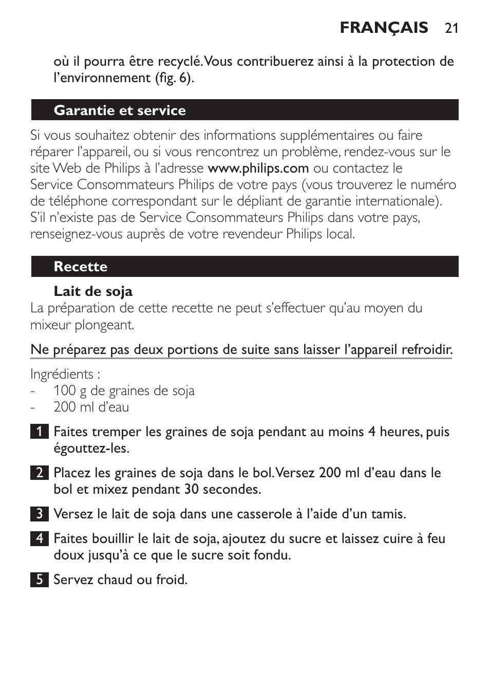 Lait de soja, Garantie et service, Recette | Philips Daily Collection Mixeur plongeant User Manual | Page 21 / 66