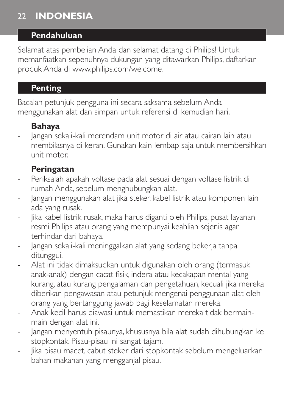 Bahaya, Peringatan, Indonesia | Pendahuluan, Penting | Philips Daily Collection Mixeur plongeant User Manual | Page 22 / 66