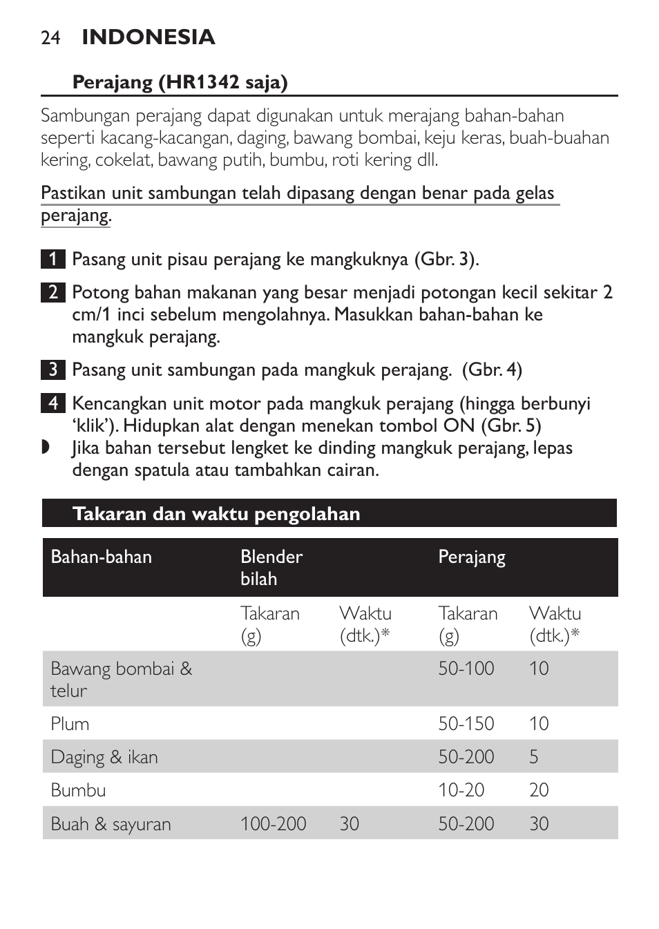 Perajang (hr1342 saja), Takaran dan waktu pengolahan | Philips Daily Collection Mixeur plongeant User Manual | Page 24 / 66