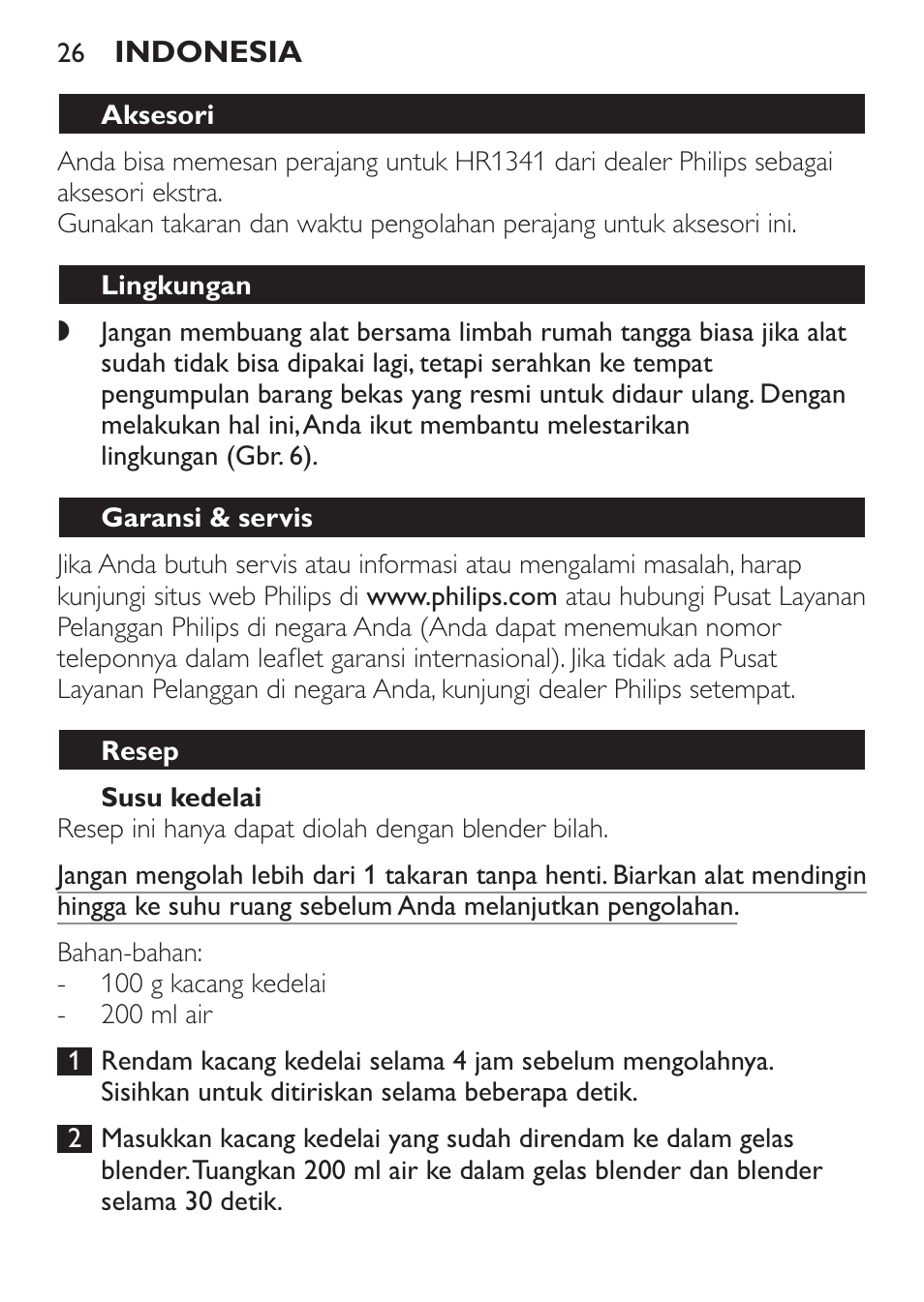Susu kedelai, Lingkungan, Garansi & servis | Resep | Philips Daily Collection Mixeur plongeant User Manual | Page 26 / 66