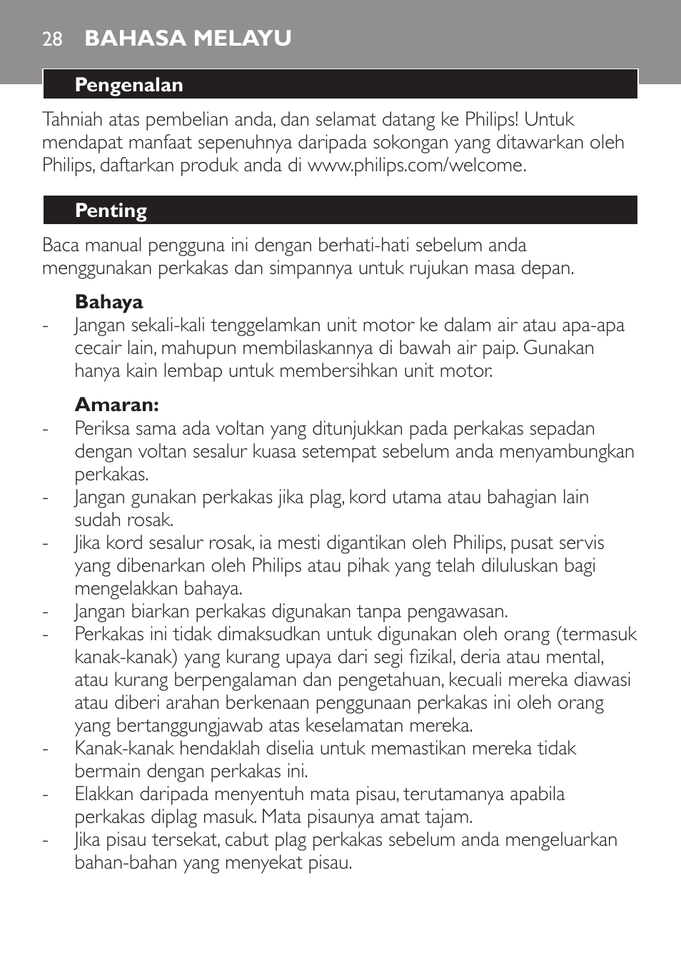 Bahaya, Amaran, Bahasa melayu | Pengenalan, Penting | Philips Daily Collection Mixeur plongeant User Manual | Page 28 / 66