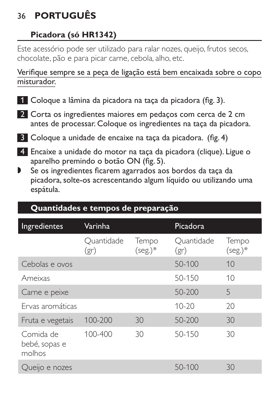 Picadora (só hr1342), Quantidades e tempos de preparação | Philips Daily Collection Mixeur plongeant User Manual | Page 36 / 66