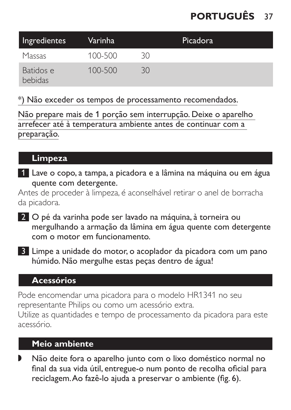 Limpeza, Acessórios, Meio ambiente | Philips Daily Collection Mixeur plongeant User Manual | Page 37 / 66