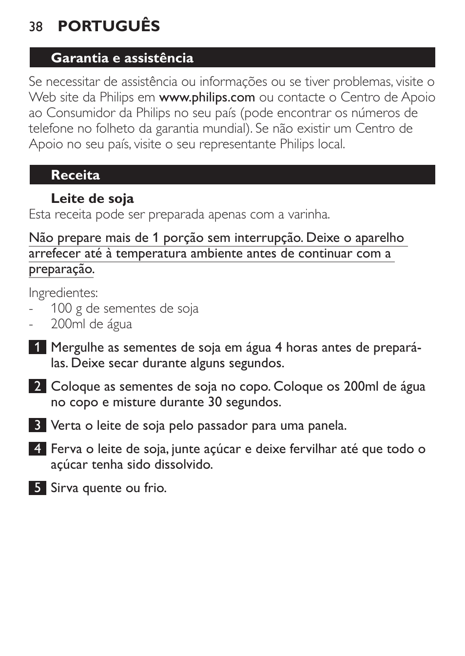 Leite de soja, Garantia e assistência, Receita | Philips Daily Collection Mixeur plongeant User Manual | Page 38 / 66