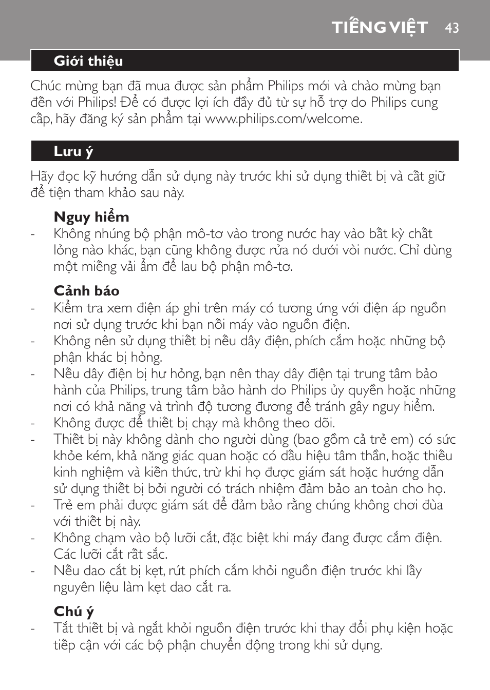 Nguy hiểm, Cảnh báo, Chъ э | Tiếng việt, Giới thiệu, Lưu y | Philips Daily Collection Mixeur plongeant User Manual | Page 43 / 66