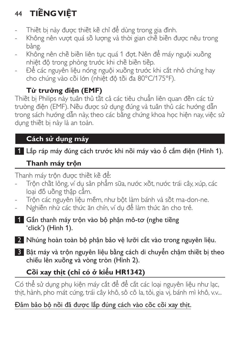 Từ trường điện (emf), Cách sử dụng máy, Thanh máy trộn | Cối xay thịt (chỉ có ở kiểu hr1342) | Philips Daily Collection Mixeur plongeant User Manual | Page 44 / 66