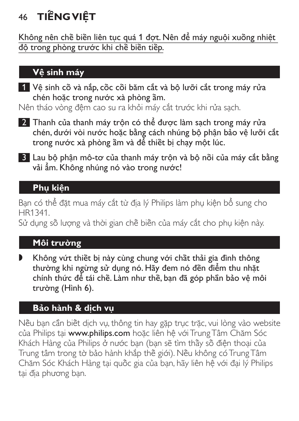 Vệ sinh máy, Phụ kiện, Môi trường | Bảo hành & dịch vu | Philips Daily Collection Mixeur plongeant User Manual | Page 46 / 66