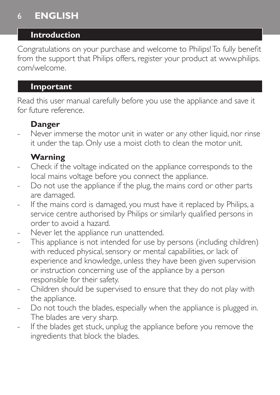 English, Introduction, Important | Danger, Warning, Caution | Philips Daily Collection Mixeur plongeant User Manual | Page 6 / 66