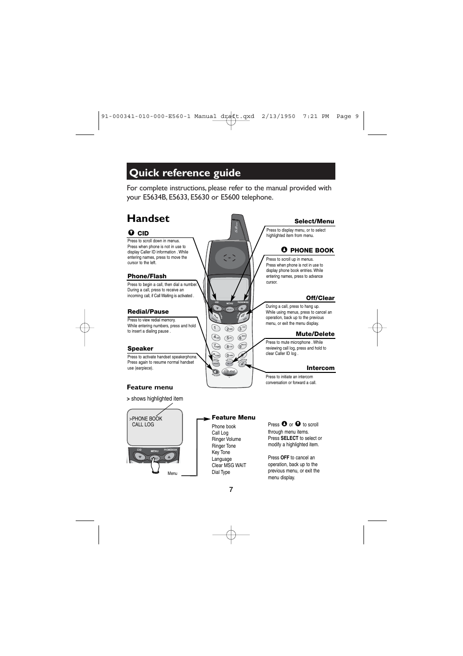 Quick reference guide, Handset | AT&T E560-1 User Manual | Page 9 / 10