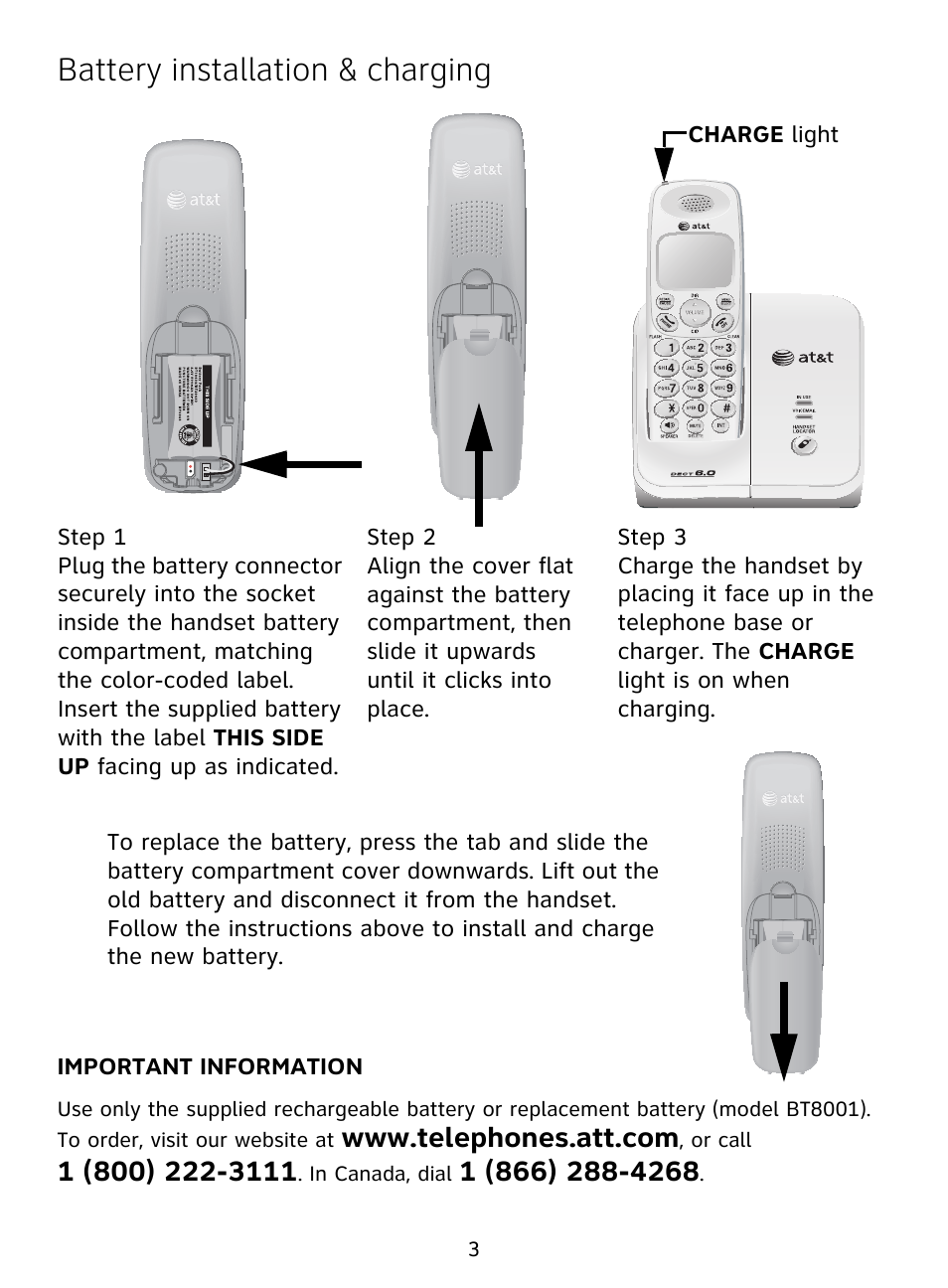 Battery installation & charging | AT&T EL51209 User Manual | Page 4 / 8