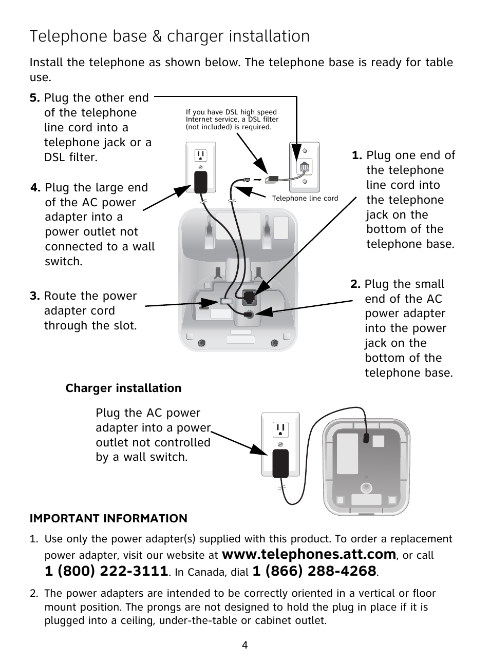 Telephone base & charger installation | AT&T EL51209 User Manual | Page 5 / 8