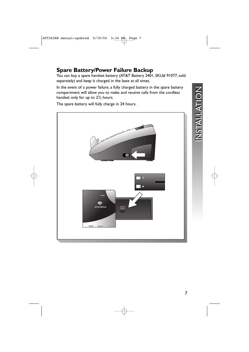 Spare battery/power failure backup, Inst alla tion inst alla tion | AT&T 3658B User Manual | Page 10 / 72