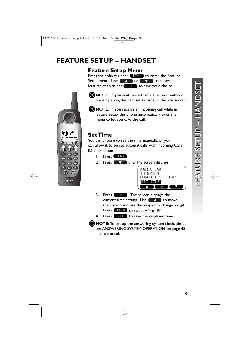 Feature setup, Handset, Feature setup menu | Set time, Fea ture setup – handset, Feature setup – handset | AT&T 3658B User Manual | Page 12 / 72