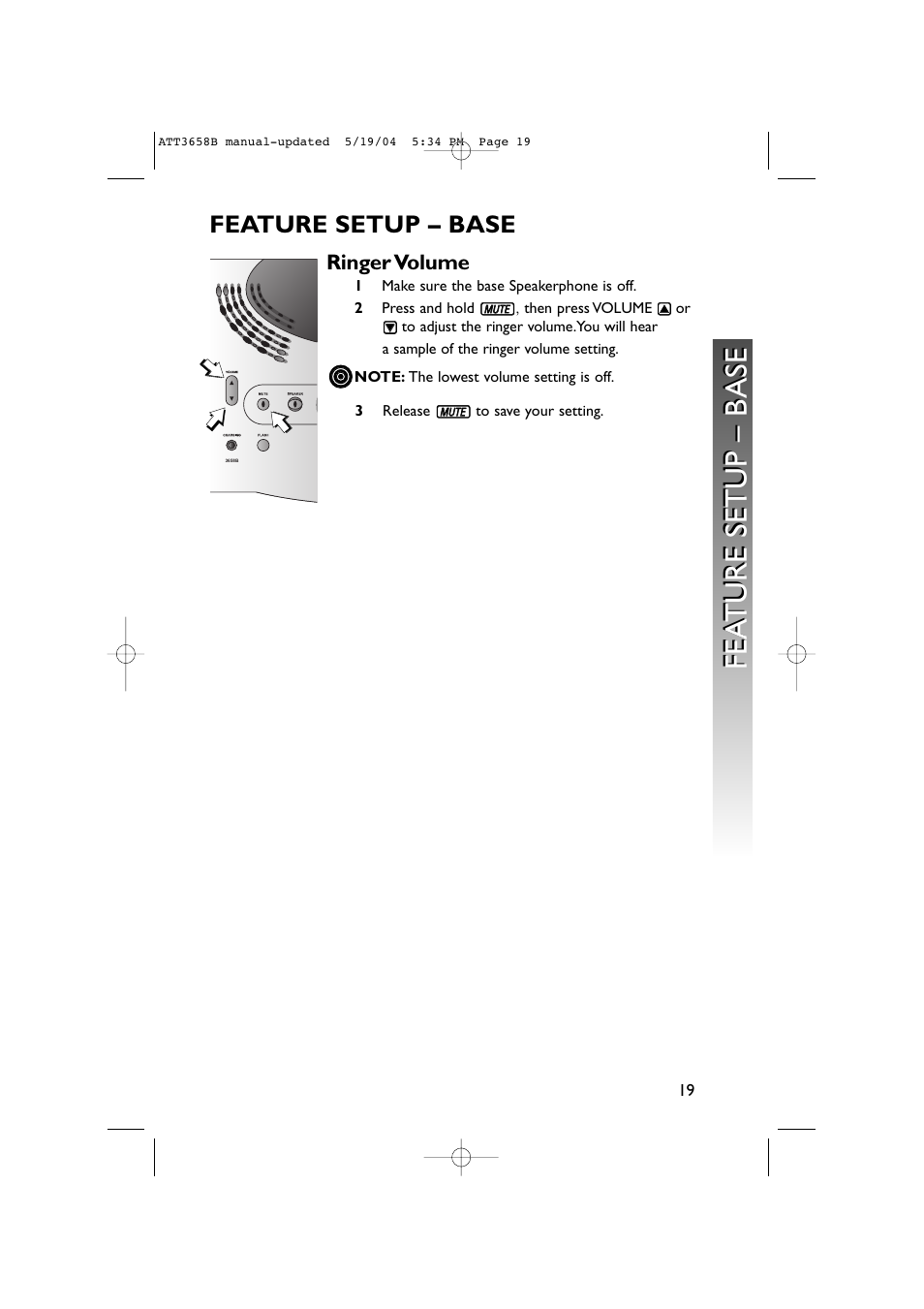 Base, Ringer volume, Fea ture setup – b ase fea ture setup – b ase | AT&T 3658B User Manual | Page 22 / 72