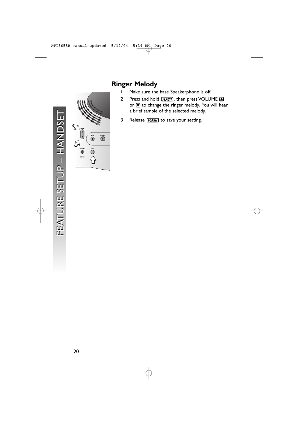 Ringer melody, Fea ture setup – handset fea ture setup – handset | AT&T 3658B User Manual | Page 23 / 72