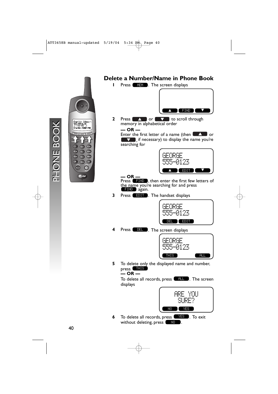 Delete a number/name in phone book, Phone book, Are you sure | AT&T 3658B User Manual | Page 43 / 72