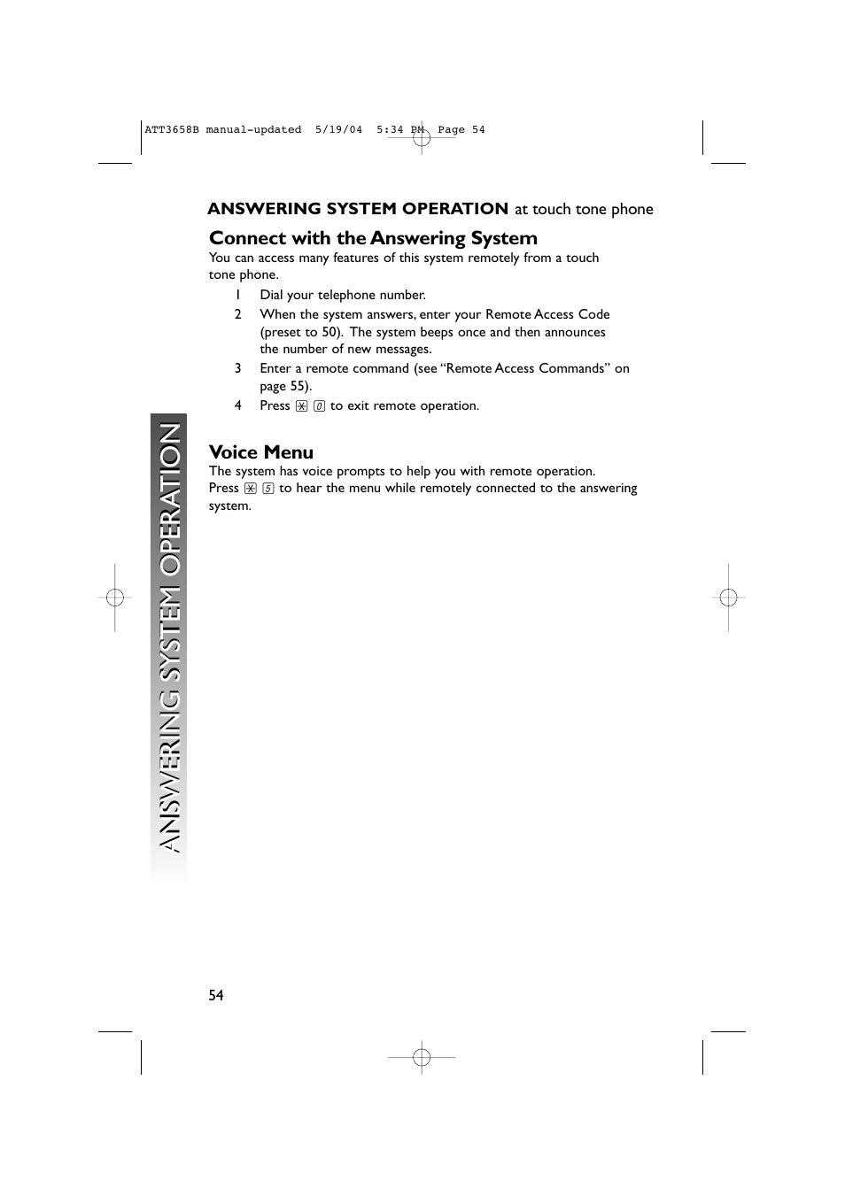 At touch tone phone, Connect with the answering system, Voice menu | AT&T 3658B User Manual | Page 57 / 72