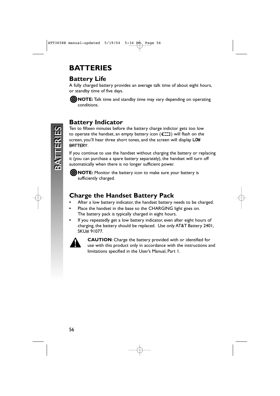 Batteries, Battery life, Battery indicator | Charge the handset battery pack, Ba tteries ba tteries | AT&T 3658B User Manual | Page 59 / 72