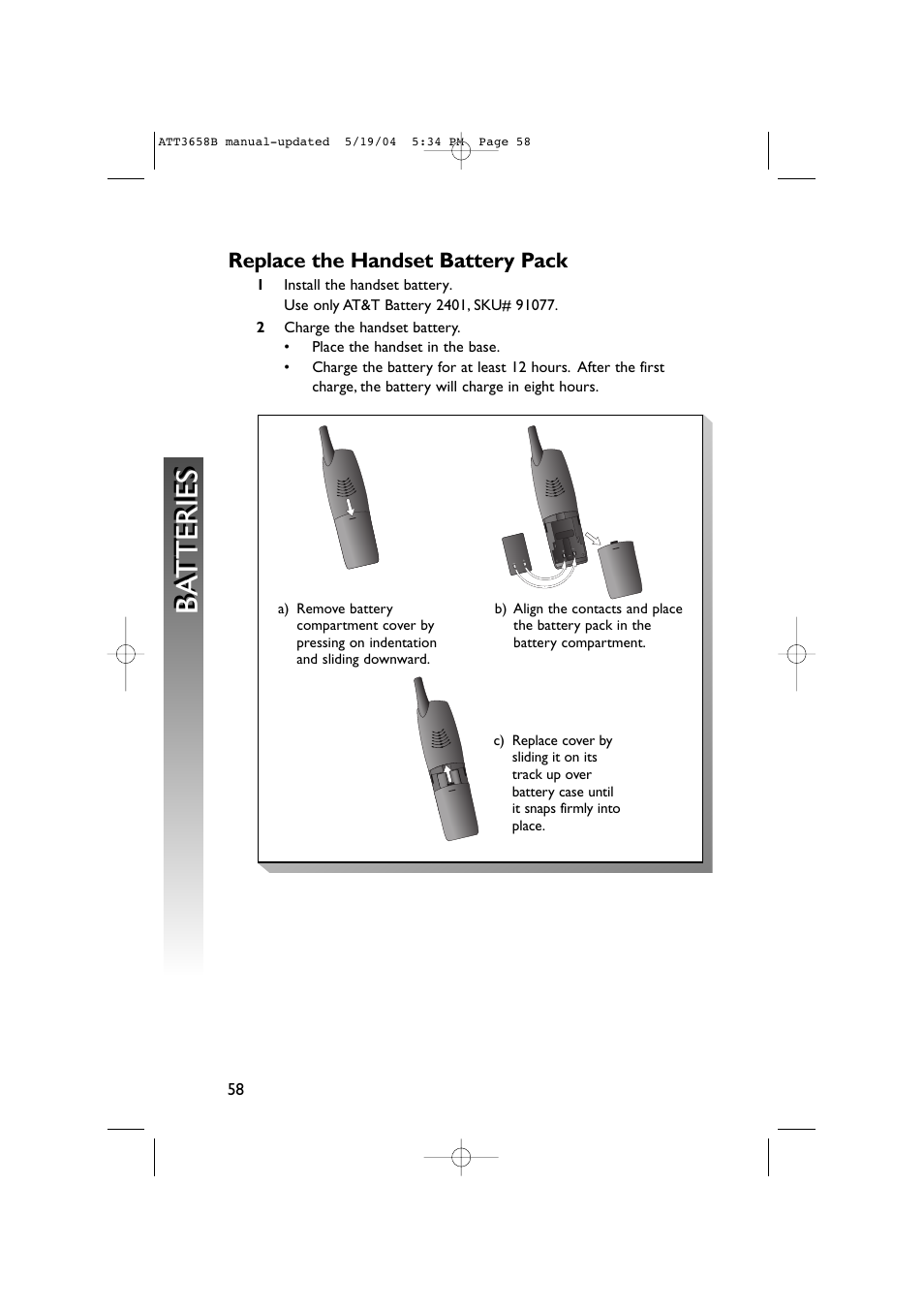 Replace the handset battery pack, Ba tteries ba tteries | AT&T 3658B User Manual | Page 61 / 72