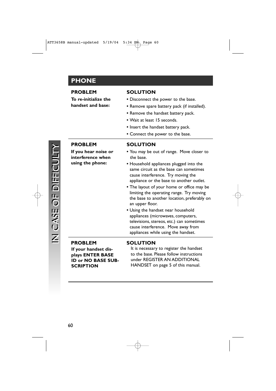 To re-initialize the handset and base | AT&T 3658B User Manual | Page 63 / 72