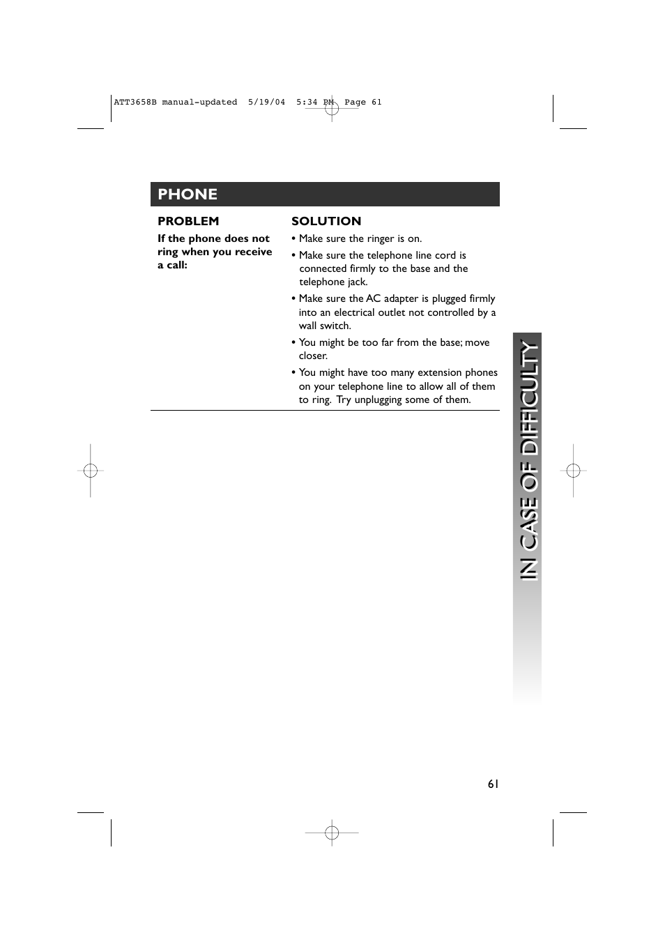 If the phone does not ring when you receive a call | AT&T 3658B User Manual | Page 64 / 72