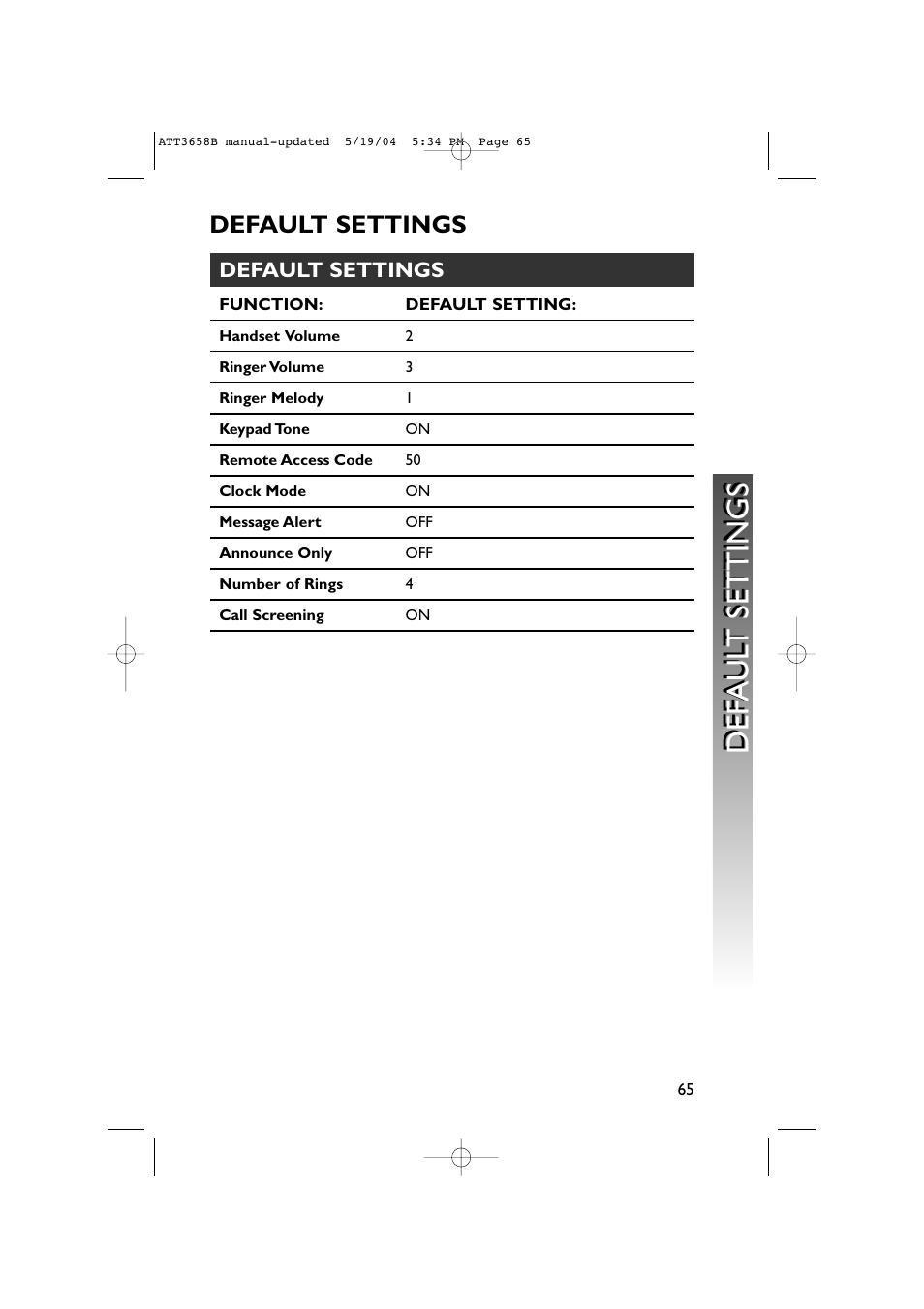 Default settings, Def a u lt settings def a u lt settings | AT&T 3658B User Manual | Page 68 / 72