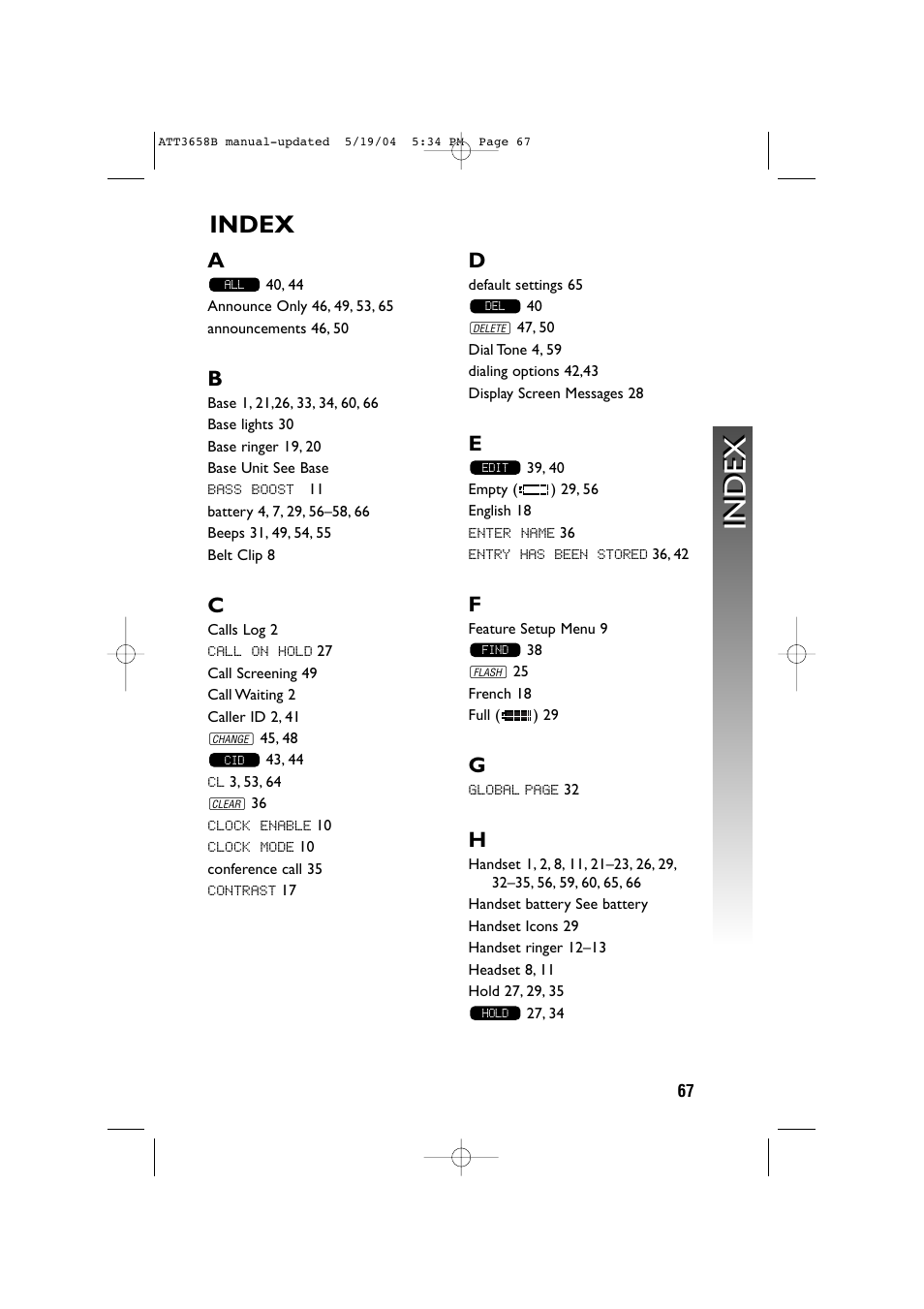 Index | AT&T 3658B User Manual | Page 70 / 72