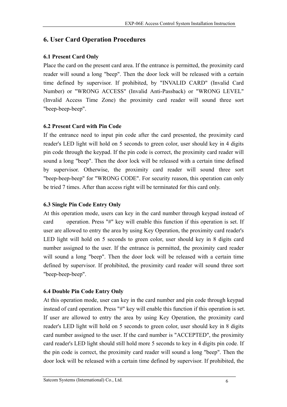 User card operation procedures | ACS EXP-06E User Manual | Page 6 / 15