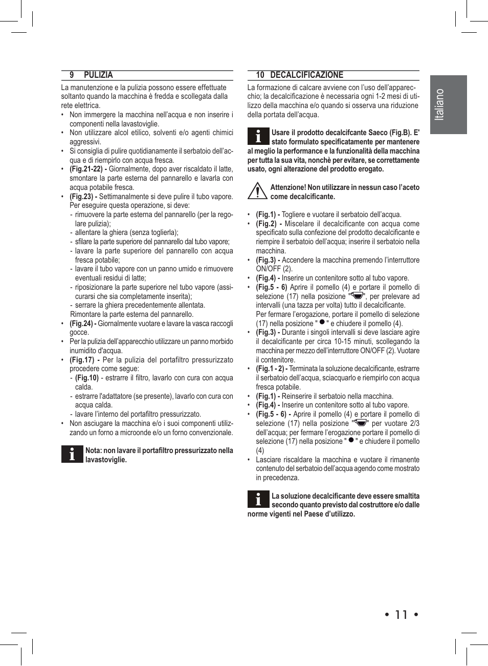 Italiano | Philips Saeco Nina Machine espresso manuelle User Manual | Page 11 / 72