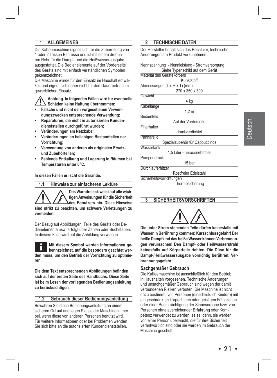 Deutsch | Philips Saeco Nina Machine espresso manuelle User Manual | Page 21 / 72