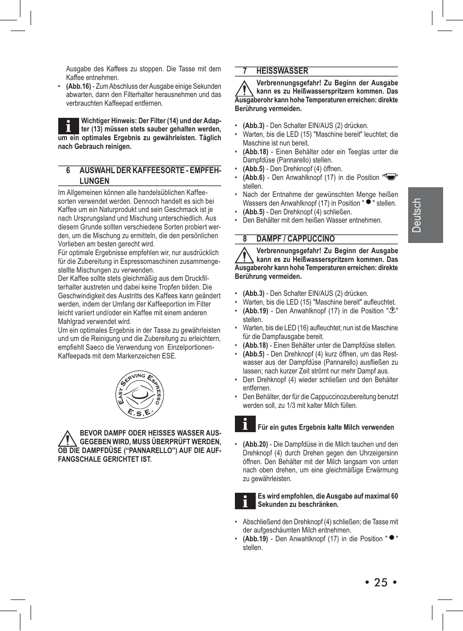 Deutsch | Philips Saeco Nina Machine espresso manuelle User Manual | Page 25 / 72