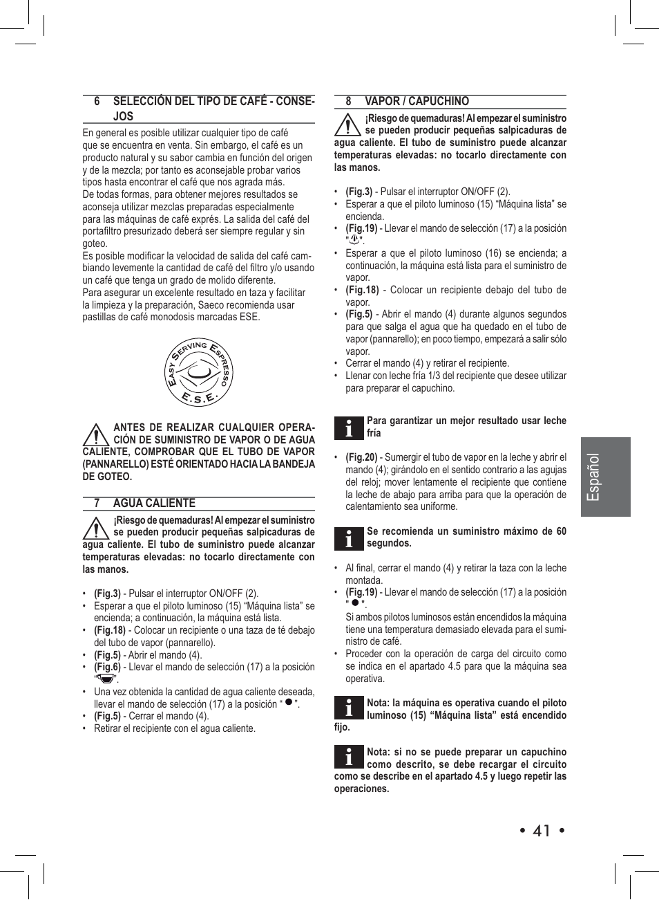 Español | Philips Saeco Nina Machine espresso manuelle User Manual | Page 41 / 72