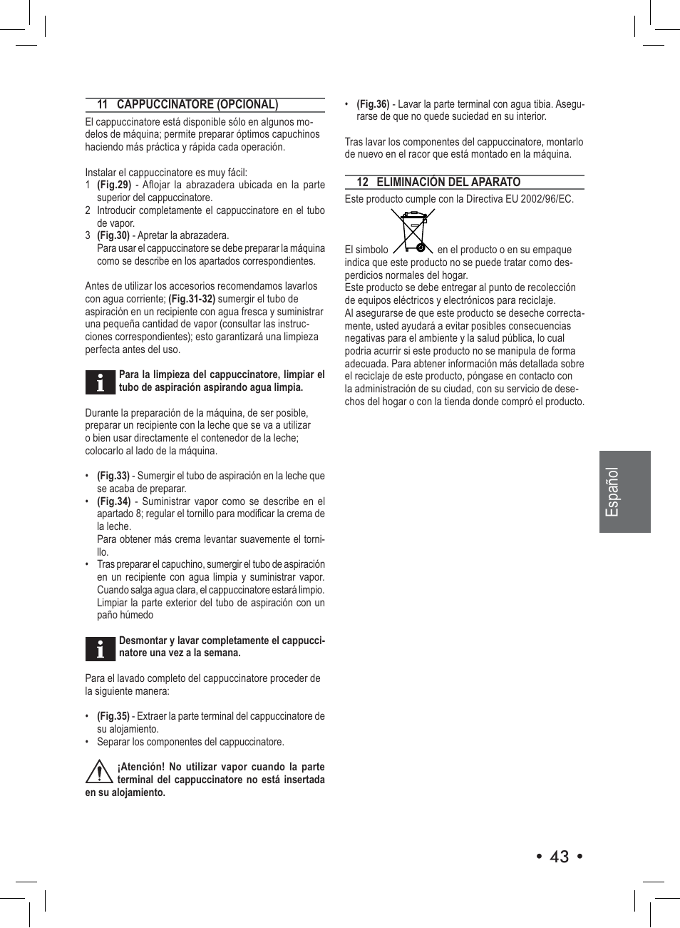 Español | Philips Saeco Nina Machine espresso manuelle User Manual | Page 43 / 72