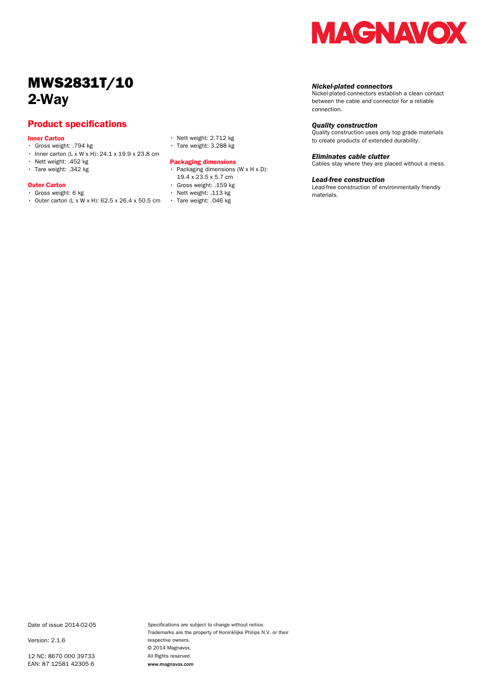 Product specifications | Philips Magnavox 2 voies User Manual | Page 2 / 2