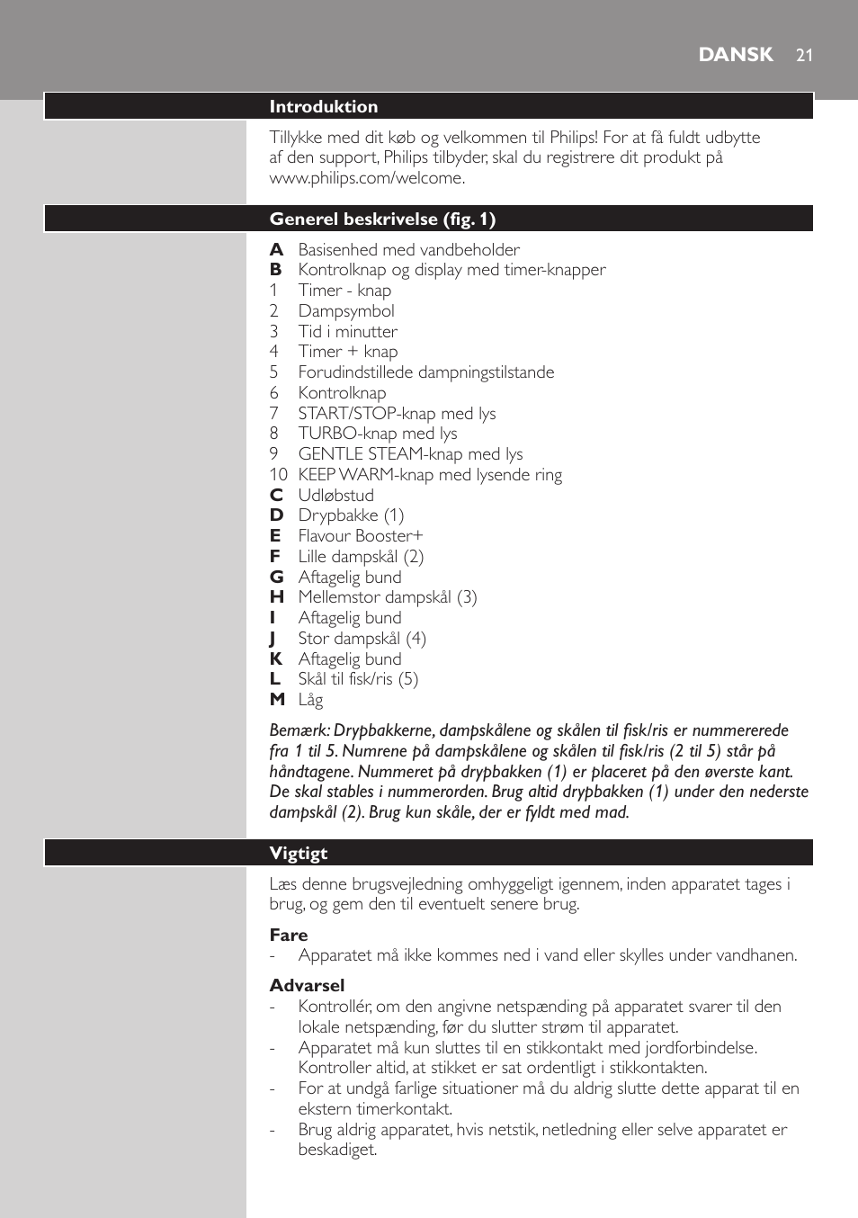 Dansk, Dansk 21 | Philips Aluminium Collection Cuiseur Vapeur User Manual | Page 21 / 172