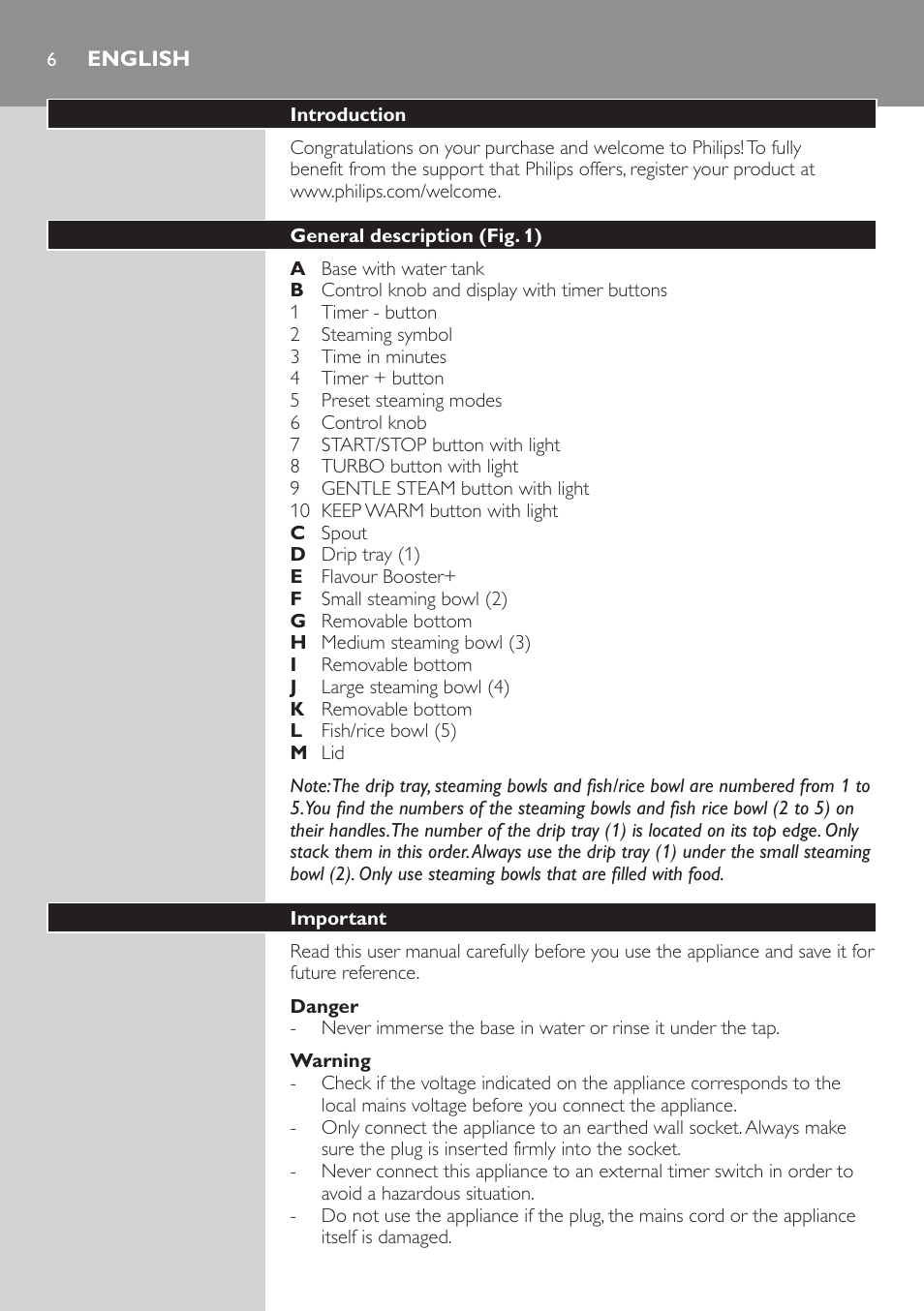 English, English 6 | Philips Aluminium Collection Cuiseur Vapeur User Manual | Page 6 / 172