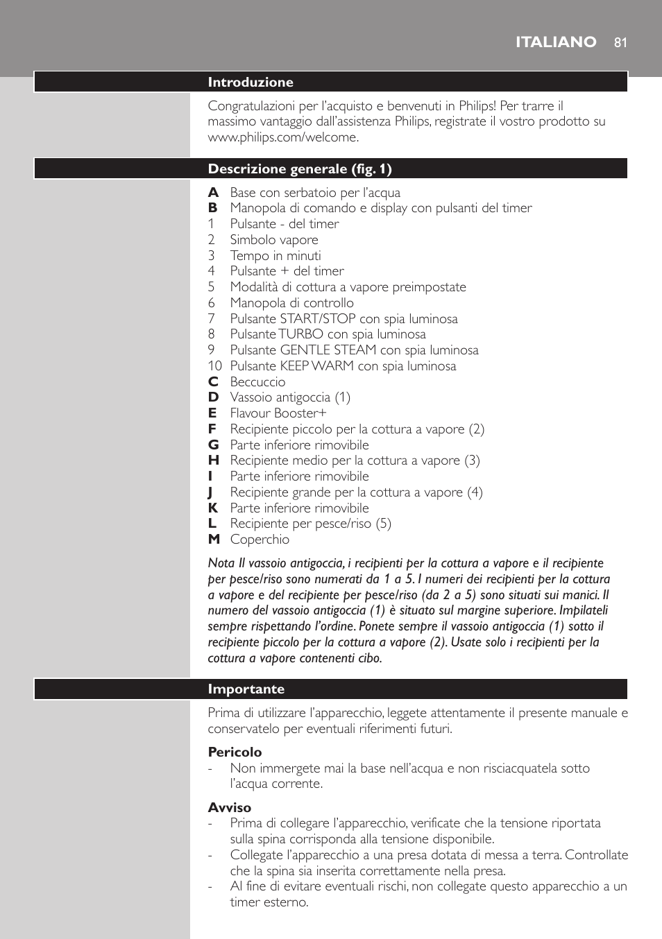 Italiano, Italiano 81 | Philips Aluminium Collection Cuiseur Vapeur User Manual | Page 81 / 172