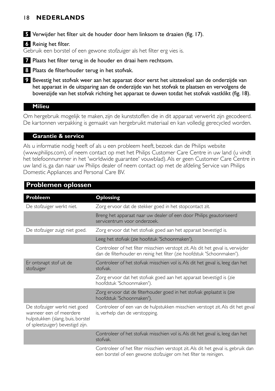 Problemen oplossen | Philips Aspirateur à main User Manual | Page 18 / 52