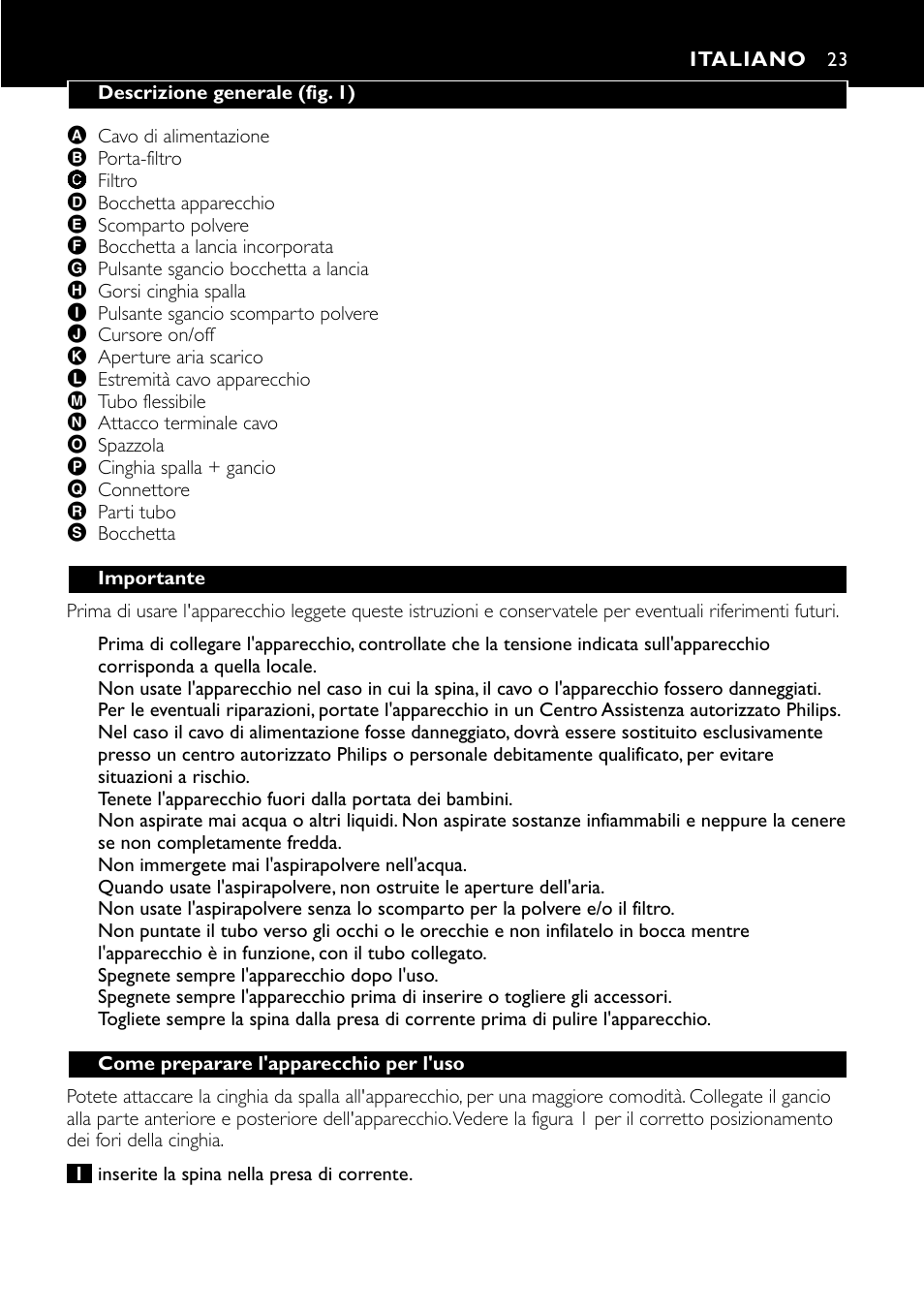 Italiano 23 | Philips Aspirateur à main User Manual | Page 23 / 52