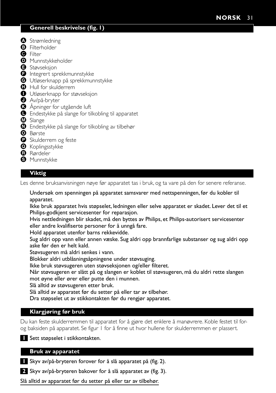 Norsk 31 | Philips Aspirateur à main User Manual | Page 31 / 52