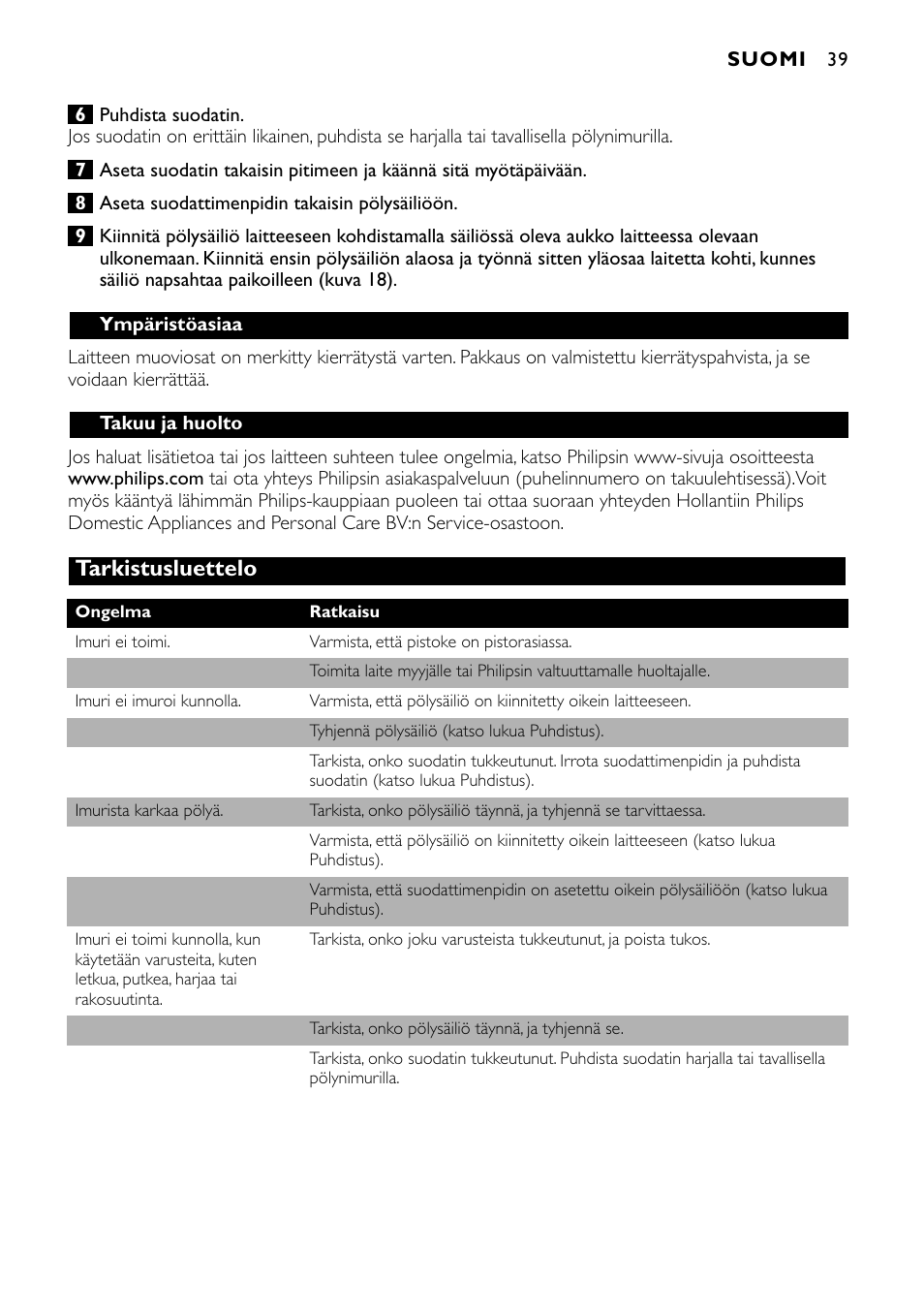 Tarkistusluettelo | Philips Aspirateur à main User Manual | Page 39 / 52