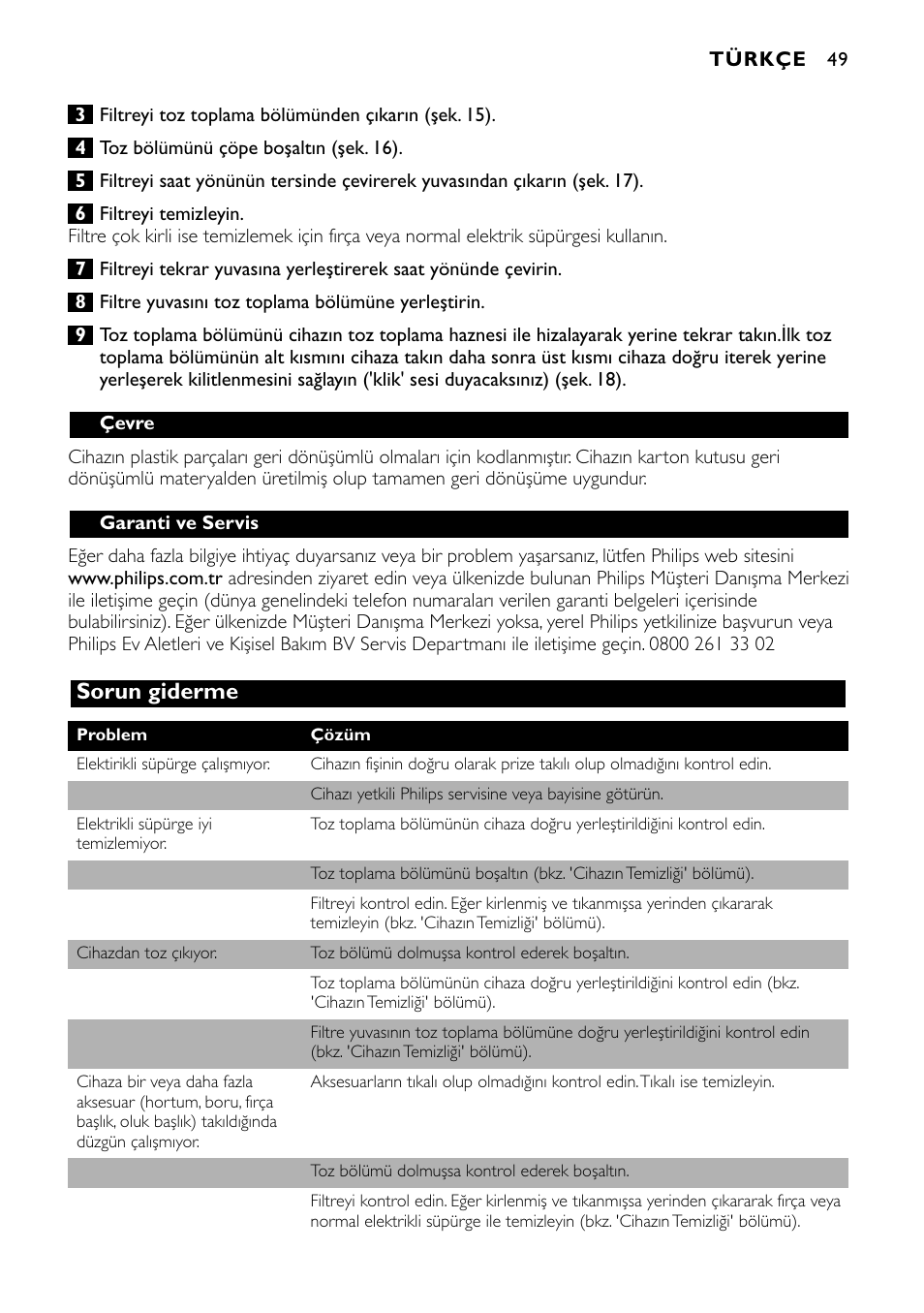 Sorun giderme | Philips Aspirateur à main User Manual | Page 49 / 52