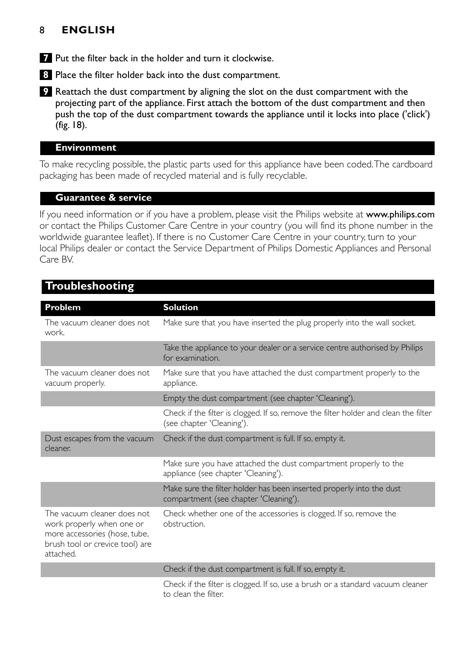 Troubleshooting | Philips Aspirateur à main User Manual | Page 8 / 52