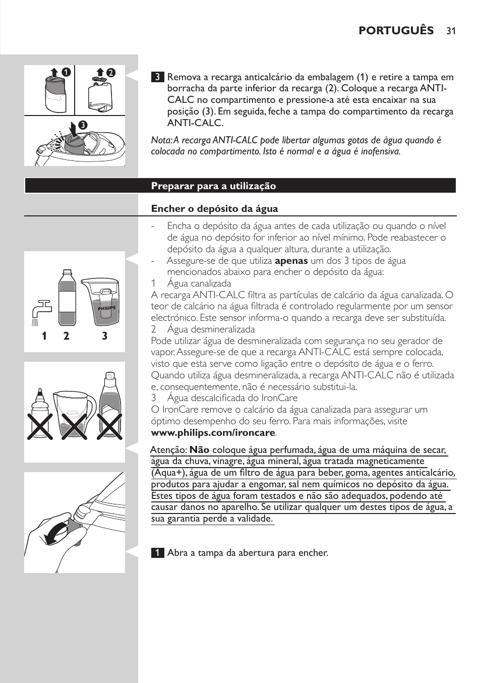 Português | Philips PerfectCare Pure Cartouche anticalcaire User Manual | Page 31 / 46